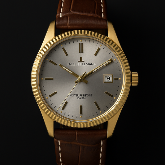 Jacques Lemans Derby 50-3X Herrenuhr – Goldene Eleganz mit grauem Zifferblatt
