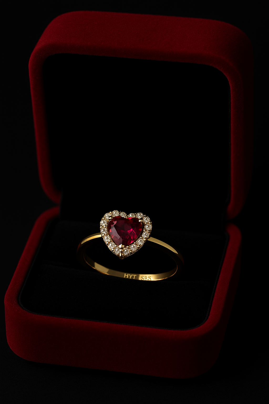 Herzförmiger Ring mit rotem Zirkonia & 14K Gold – Halo Design