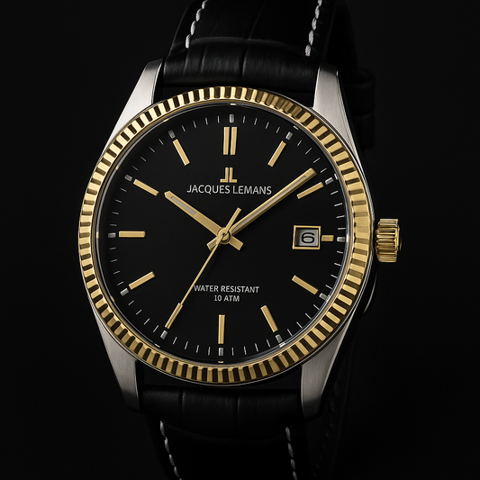Jacques Lemans Derby 50-3U Herrenuhr – Schwarzes Zifferblatt mit Goldakzenten