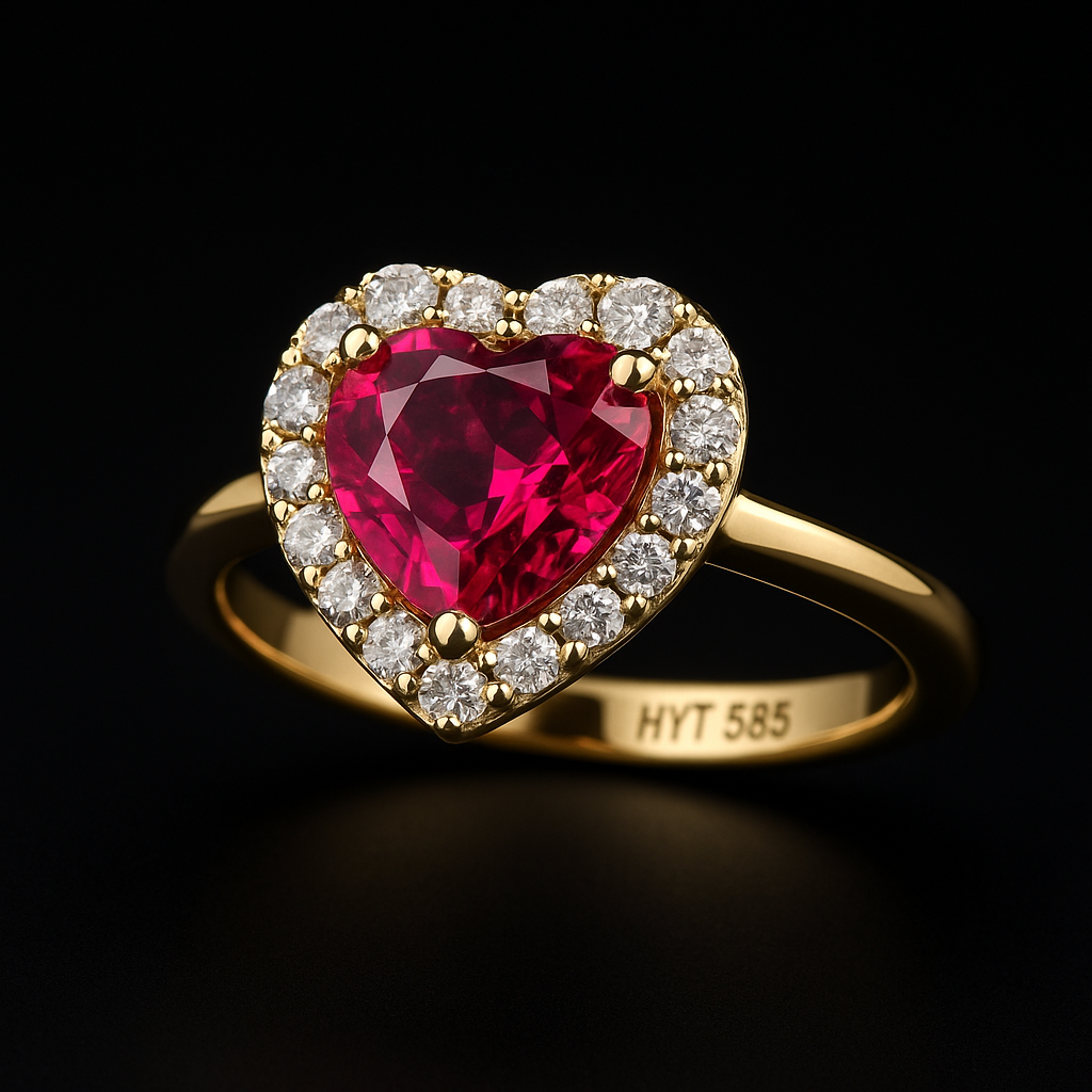 Herzförmiger Ring mit rotem Zirkonia & 14K Gold – Halo Design