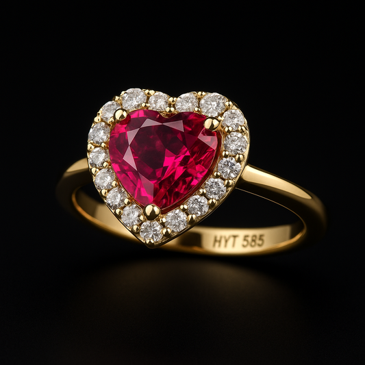 Herzförmiger Ring mit rotem Zirkonia & 14K Gold – Halo Design